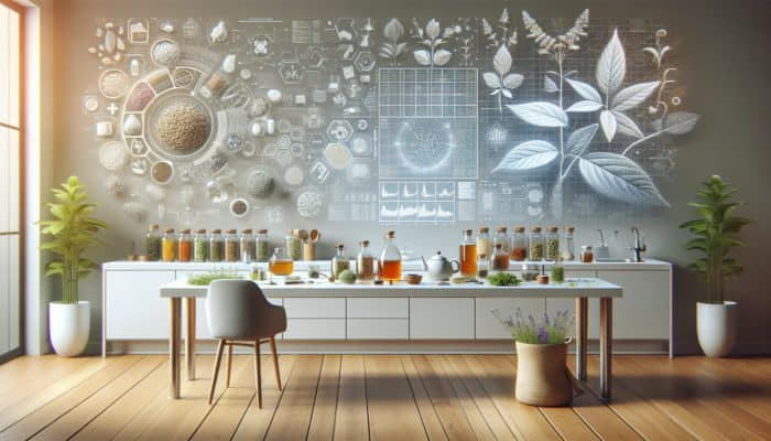 An organized kitchen counter featuring herbs, glass jars, and a teapot for crafting herbal remedies.
