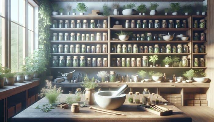 A tranquil apothecary filled with organized jars of herbs, a mortar and pestle, and natural light.