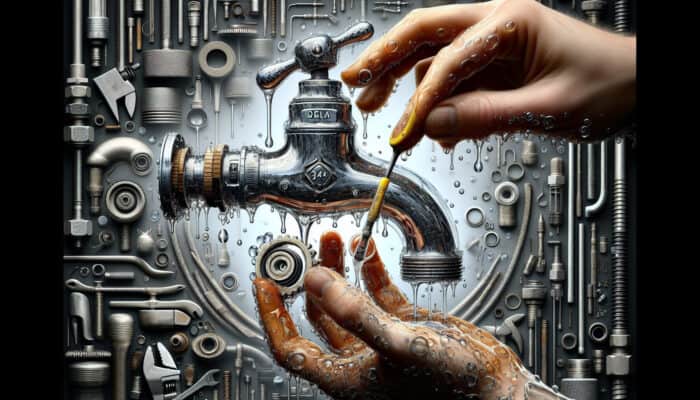 A leaking Delta faucet with hands replacing washers and cleaning the aerator, surrounded by plumbing tools for effective maintenance.