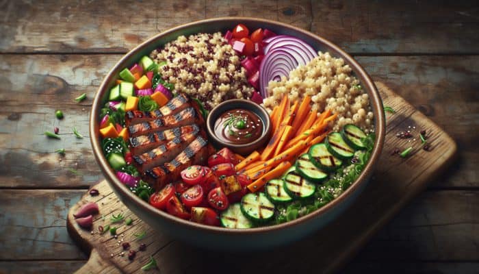 A colorful BBQ salad bowl featuring quinoa, brown rice, farro, vegetables, and grilled meat on a wooden table.