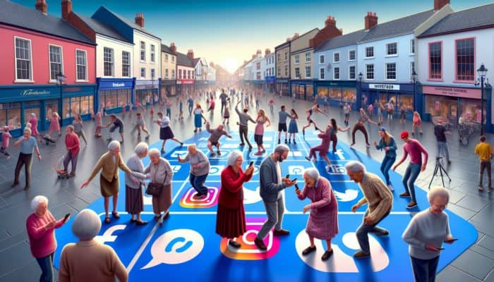 Bideford town square bustling with diverse age groups using social media: older individuals on Facebook, young adults on Instagram, and teenagers on TikTok.