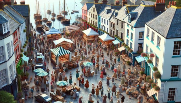 Bideford quay during the Folk Festival, highlighting artisan markets and community engagement at a local café.
