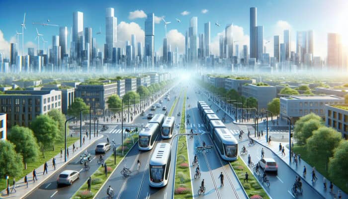 A bustling cityscape featuring electric buses, bicycles, and solar-powered trams under a bright blue sky.