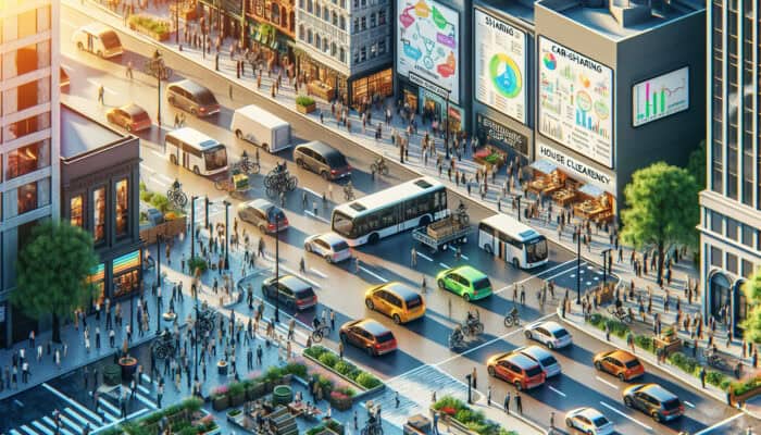 Diverse individuals utilizing Zipcar and Enterprise Car Club shared vehicles on a busy city street for eco-friendly house clearance.