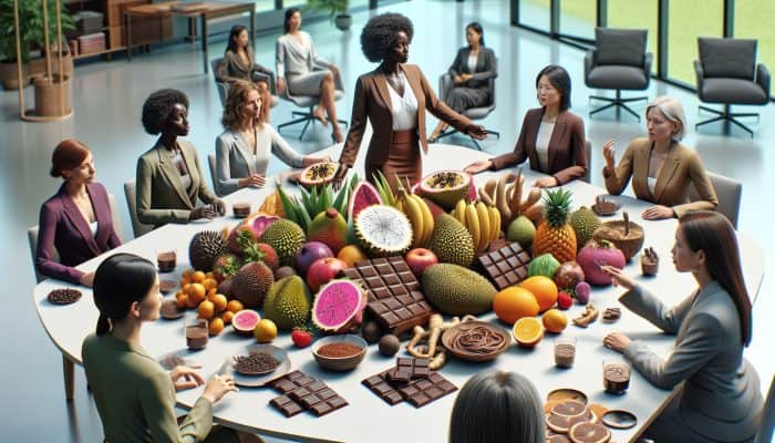 An elegant table adorned with exotic fruits, chocolate, and libido-boosting herbs, discussed by professional women in a sophisticated office environment.