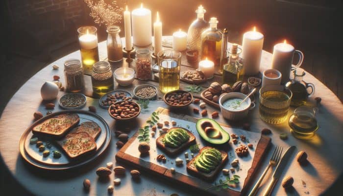 A romantic dinner featuring avocado toast on whole grain bread, surrounded by nuts and oils, illuminated by soft evening light.