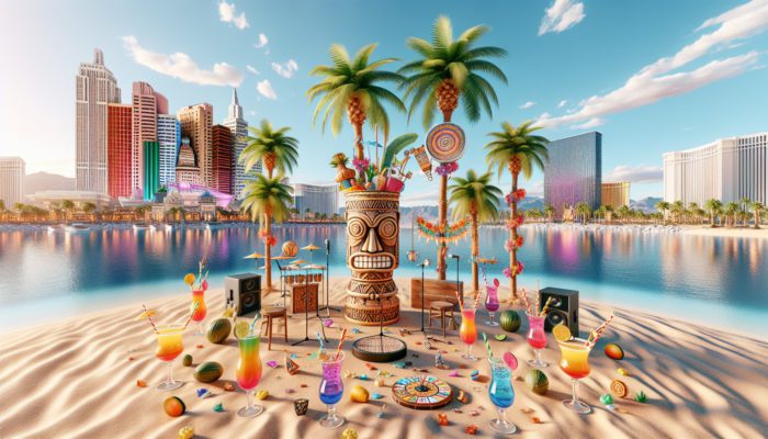 A lively Tiki Oasis festival in Las Vegas showcasing palm trees, beaches, cocktails, music, and Polynesian decor.