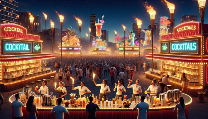 A lively Las Vegas night festival featuring tiki torches, colorful cocktail bars, and expert mixologists.