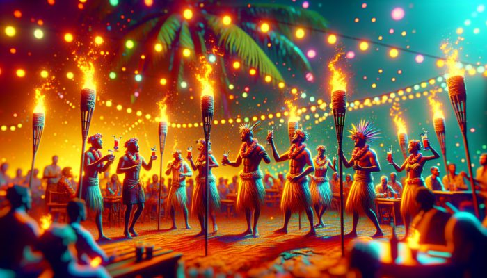 A vibrant tiki festival featuring live Polynesian music, dance, and colorful decor, showcasing cocktails like Mai Tais and Zombies.
