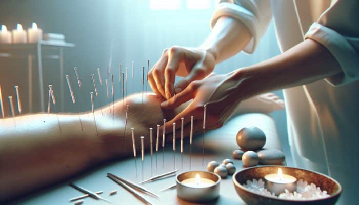 A tranquil acupuncture session targeting gout, with needles positioned around inflamed joints and distal points, set in a calming environment.