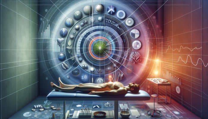 A peaceful acupuncture session in a contemporary UK clinic, where a gout patient finds relief, surrounded by charts and case studies.