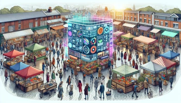 A bustling Weston-super-Mare street market showcasing stalls with local products and digital WooCommerce displays.
