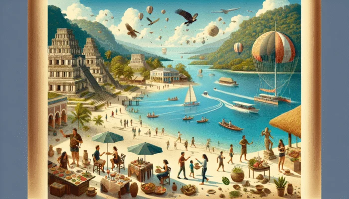 A vibrant Belize scene with ruins, water sports, beaches, and cultural immersion with locals.