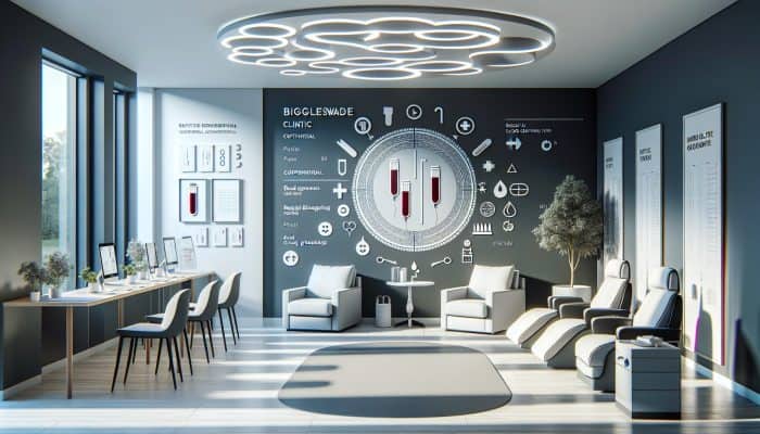 Contemporary private clinic in Biggleswade, featuring a sleek interior, rapid blood grouping tests, personalized, confidential care, minimal wait times.