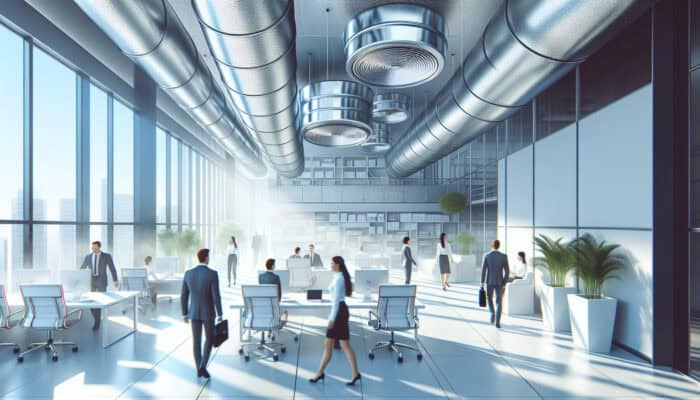 Modern office with clean air ducts, healthy employees and customers, allergen-free environment.