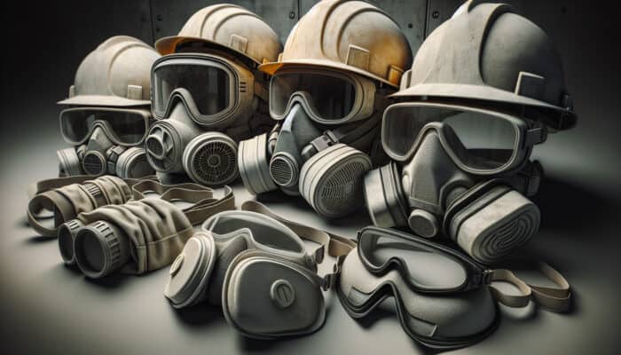 Dust protection equipment like masks, goggles, and helmets on an industrial backdrop.