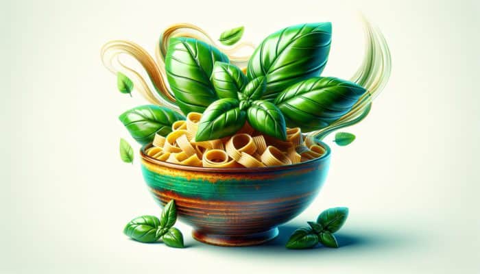 A bowl of pasta adorned with fresh basil leaves, which elevates the dish's flavor and visual appeal.