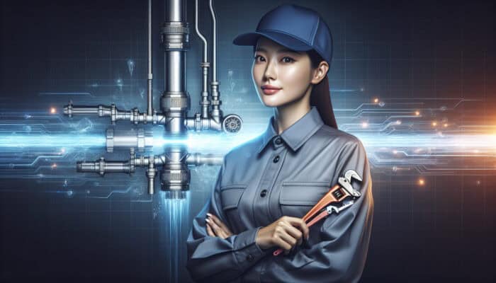 A competent plumber utilizing advanced tools to repair and maintain a modern drainage system in a professional environment.