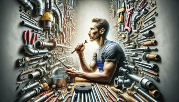 A plumber examining a checklist in a well-organized workshop to select the right drain service.