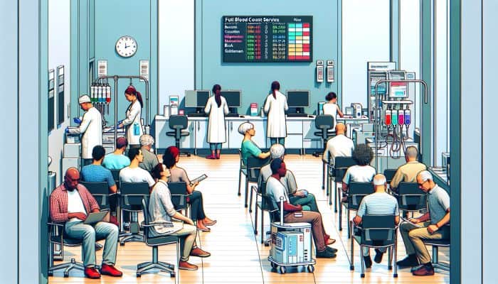 A bustling health clinic in Chadderton with patients waiting for full blood count services, equipped with modern medical tools and welcoming staff.