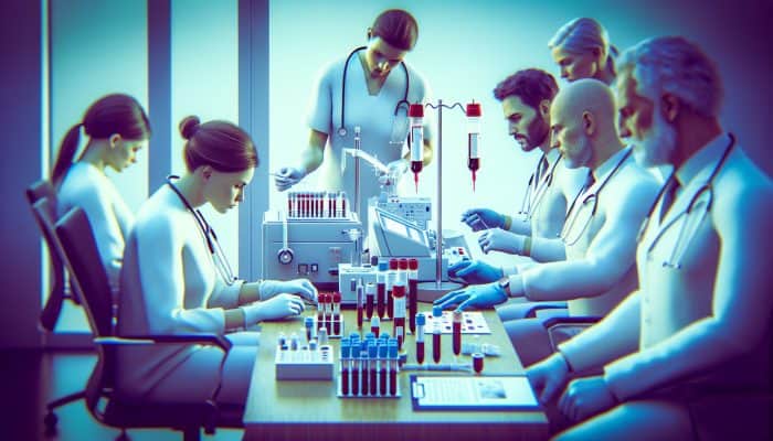 Illustration showcasing FBC testing in Chadderton clinic, where professionals analyze results for the early detection of anaemia and infections.