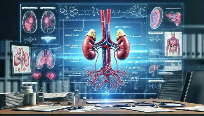 Cortisol Blood Test in Bury: Illustration depicting the cortisol blood test, highlighting adrenal glands, metabolism, immune response, and stress management within a clinical environment.