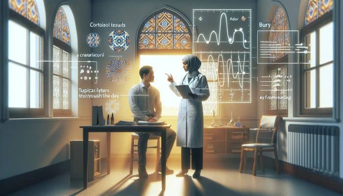 A doctor in Bury explains cortisol test results using a graph, with morning sunlight illuminating the room.