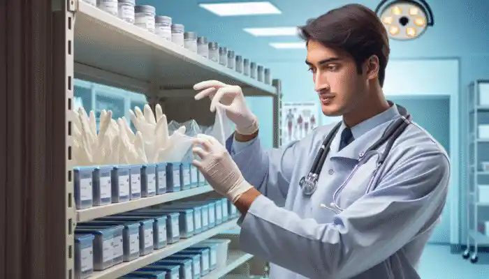 A medical professional in Bedford examining sterile glove boxes on a hospital shelf.