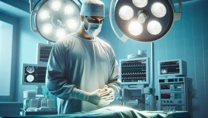 A healthcare professional in Bedford performing surgery with sterile gloves in a clean operating room.