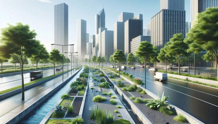 A modern urban scene in New Westminster displaying permeable concrete, advanced drainage systems, and green infrastructure.