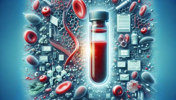 Ferritin Blood Test in Hyde: An illustration depicting the ferritin blood test with a vial, ferritin proteins, and iron-rich foods like spinach and red meat.