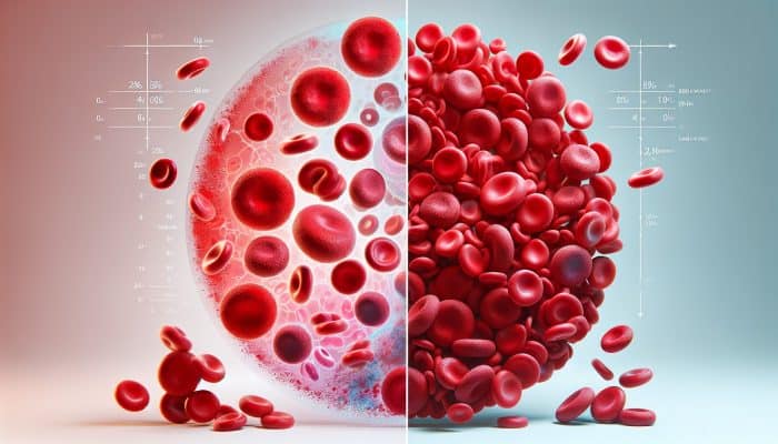 Illustration showcasing ferritin levels in blood, highlighting normal and low ranges along with differences in red blood cells.