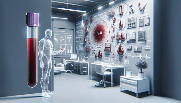 Illustration depicting the ferritin blood test in a UK clinic, emphasizing the diagnosis of iron deficiency and overload.