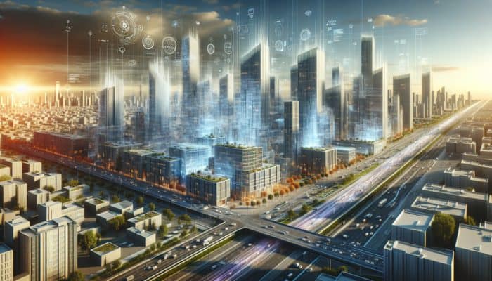 Futuristic cityscape with buildings featuring dynamic fringes adapting to weather conditions for enhanced comfort.