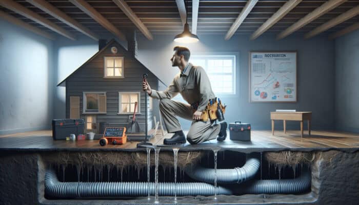 An expert meticulously inspecting a damp crawl space using modern drainage tools to ensure compliance with quality standards.