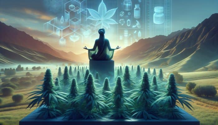 A serene landscape with ashwagandha plants and a meditating person, symbolizing safety and mindfulness.