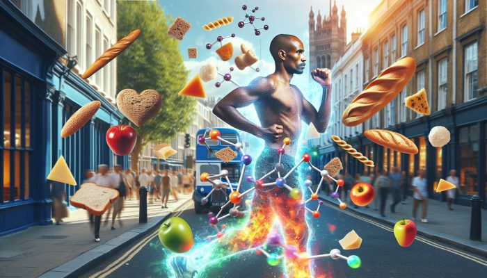 A person walking energetically in a UK city, surrounded by transforming carbohydrate foods into glowing glucose.
