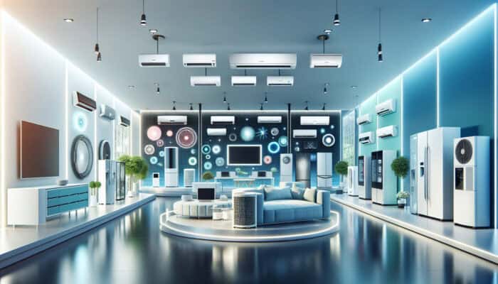 A diverse array of air conditioning units in a modern showroom.