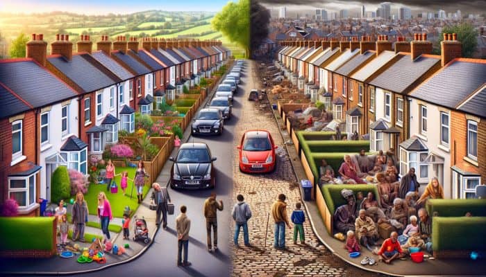 Contrasting UK neighborhoods illustrating socioeconomic disparities in mental health.