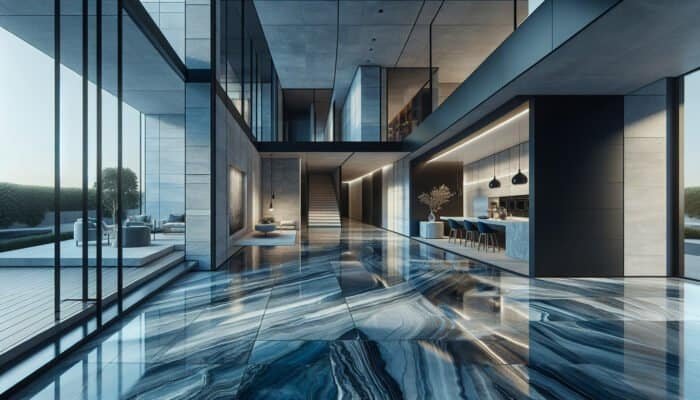 Belgian Blue limestone flooring in a modern East Renfrewshire home, showcasing polished and honed textures.