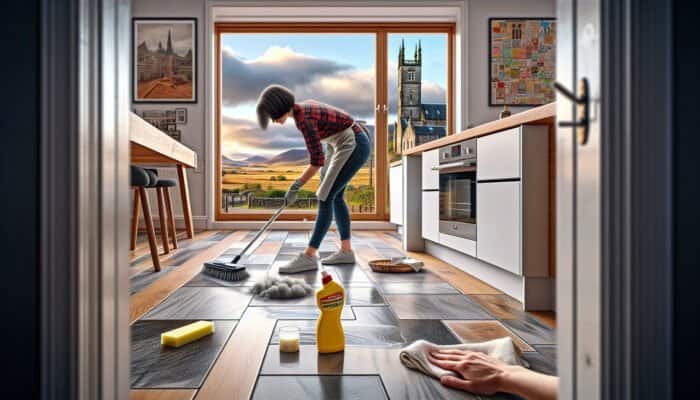 A person cleaning grout haze from kitchen floor tiles in West Dunbartonshire, showcasing Scottish architecture.