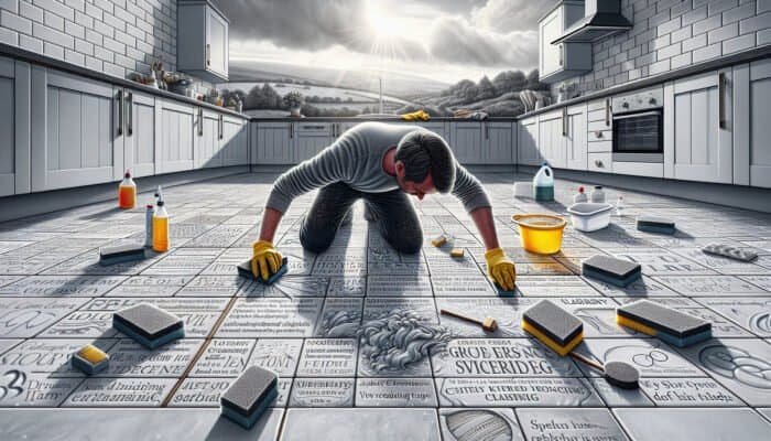 Individual cleaning grout haze from kitchen tiles in West Dunbartonshire, achieving a sparkling result.