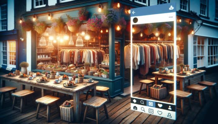 A lively Sidmouth café displaying vibrant seasonal dishes and a boutique showcasing unique clothing featured on Instagram.