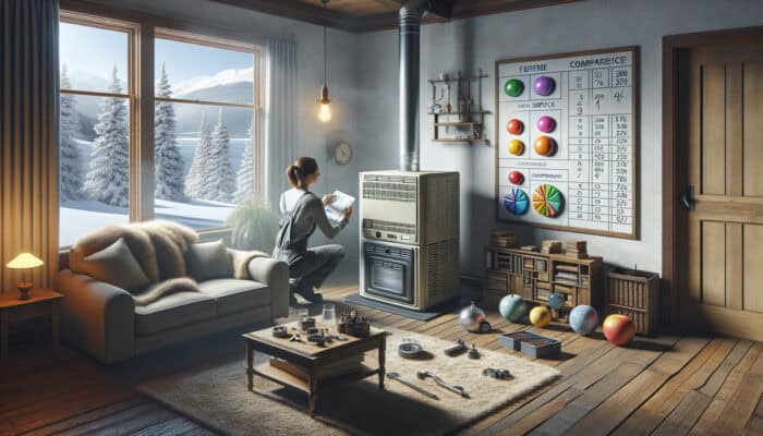 A technician evaluating an old furnace in a cozy living room, alongside service plan charts and a snowy Langley backdrop.