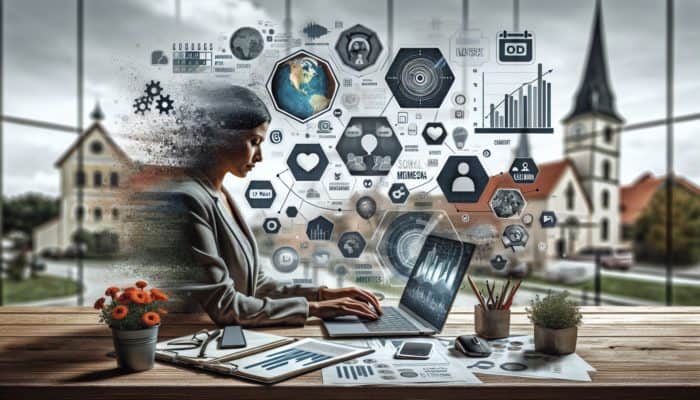 A small business owner setting up social media, with branding materials, a calendar, and analytics visible on their laptop.