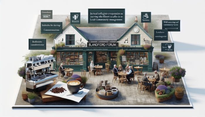 A bustling café in Blandford Forum adorned with signs for best coffee and community event posters.