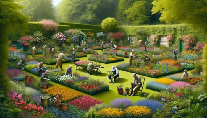 Hobbies for Men’s Mental Health: A serene British garden with men gardening amidst vibrant flowers and lush greenery, promoting health and peace.