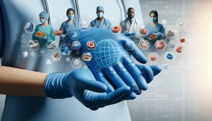 Nitrile Gloves Supplier in Newcastle: Professionals in healthcare, food handling, and industrial settings wearing vibrant blue nitrile gloves.