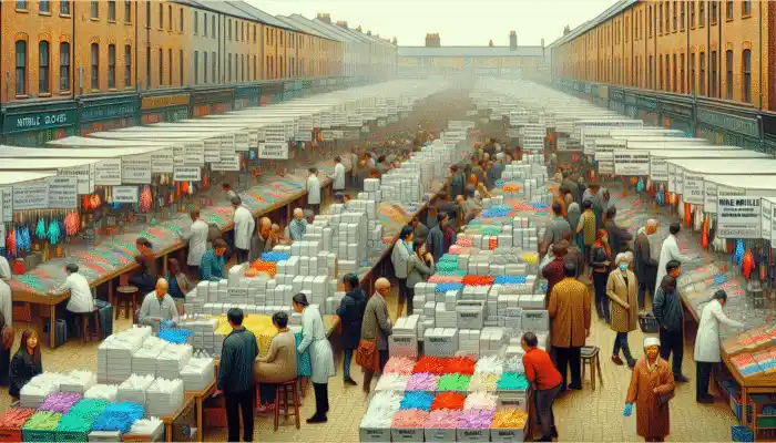 A vibrant Newcastle marketplace featuring stalls with various nitrile gloves for medical, food, and industrial use.