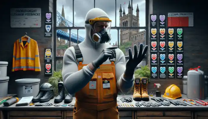 An individual in Newcastle assessing nitrile gloves, comparing prices and certifications, with industrial safety equipment and customer feedback charts nearby.